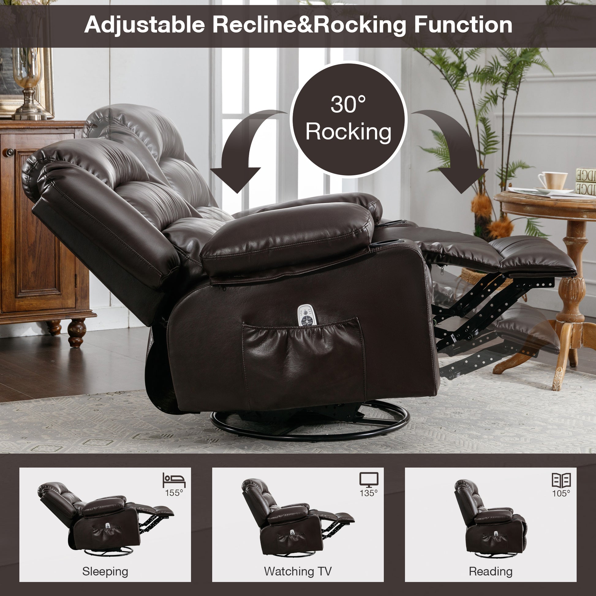 Massage Swivel Rocker Recliner Chair With Vibration Massage And Heat Ergonomic Lounge Chair For Living Room With Rocking Function And Side Pocket2 Cup Holders Usb Charge Port ,Brown Brown Primary Living Space Soft Heavy Duty Cotton Pu Leather