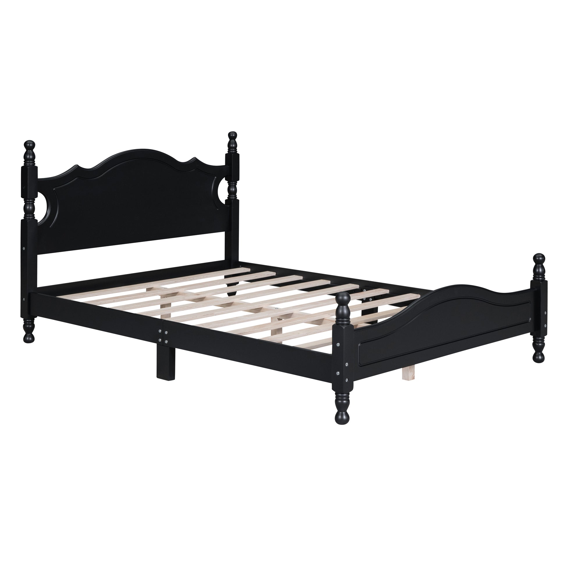 Full Size Wood Platform Bed Frame,Retro Style Platform Bed With Wooden Slat Support,Black Black Wood