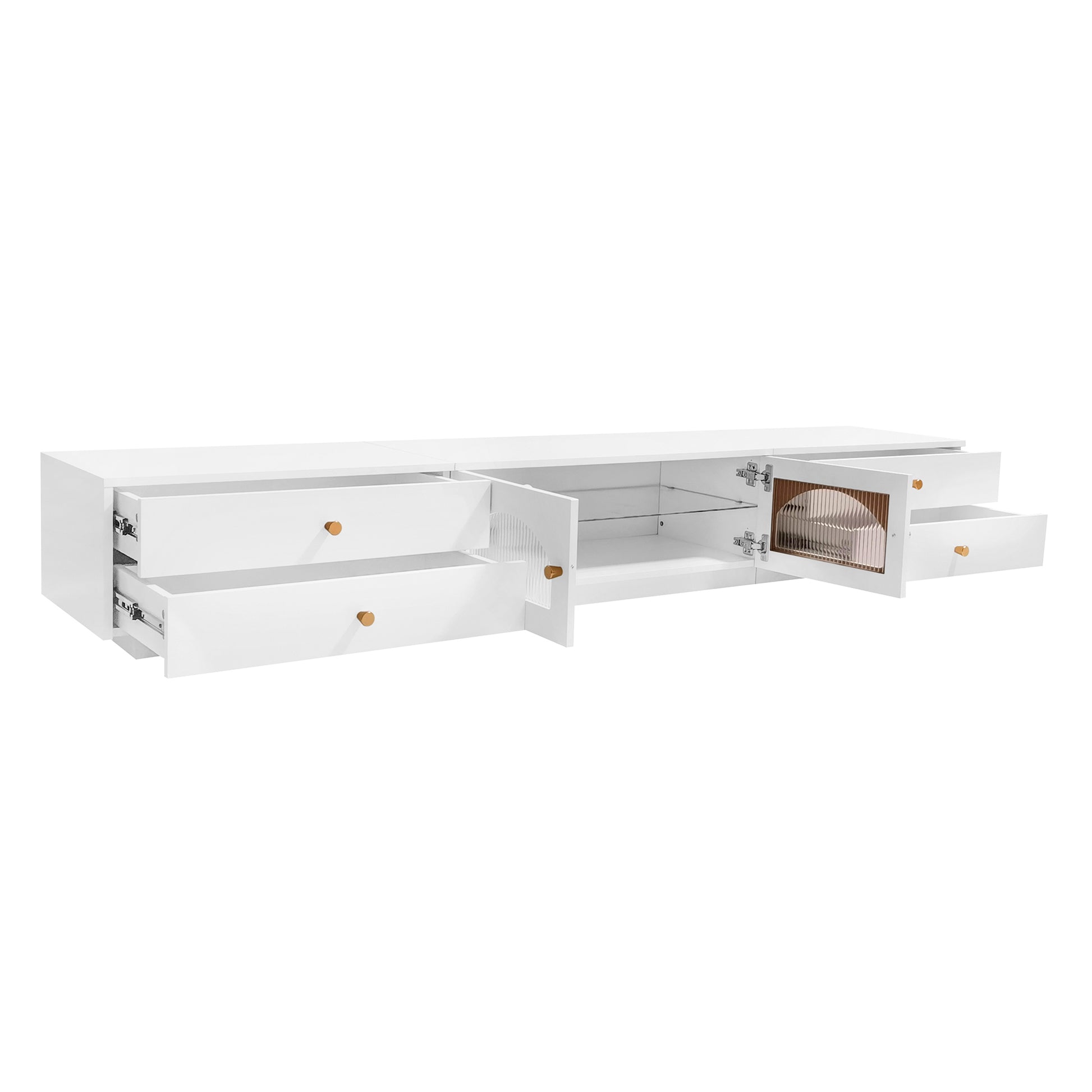 Luxurious Tv Stand With Fluted Glass Doors, Elegant And Functional Media Console For Tvs Up To 95'', Tempered Glass Shelf Tv Cabinet With Multiple Storage Options, White White Primary Living Space 90 Inches Or Larger Particle Board