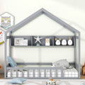 Wooden Twin Size House Bed With Storage Shelf,Kids Bed With Fence And Roof, Gray Twin Gray Wood