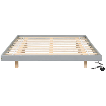 Queen Size Floating Bed With Led Lights Underneath,Modern Queen Size Low Profile Platform Bed With Led Lights,Grey Queen Grey Wood Bedroom American Design Pine Bed Frame Pine