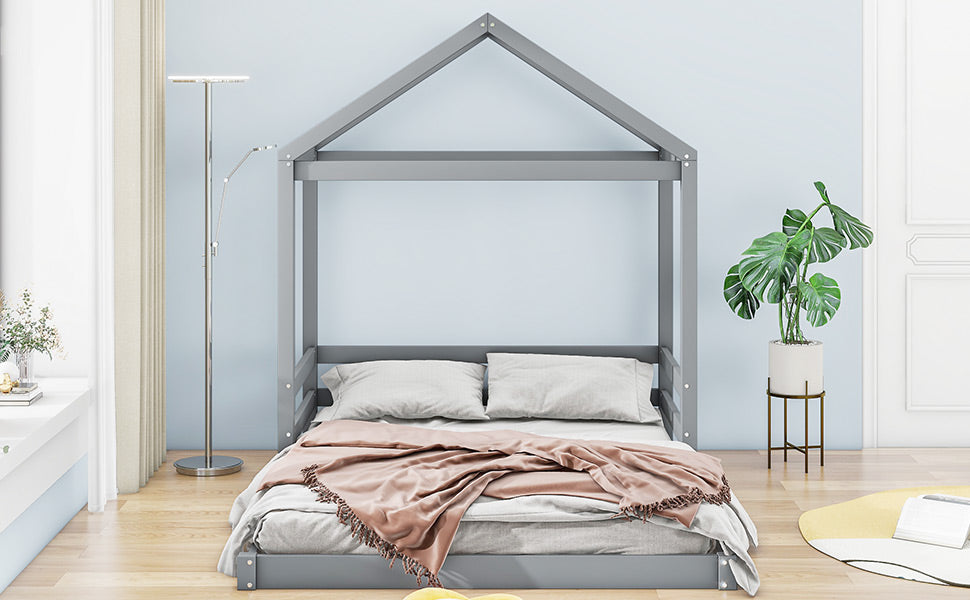 Wood Full Size House Bed With Guardrail, Grey Box Spring Not Required Full Grey Wood Solid Wood Mdf