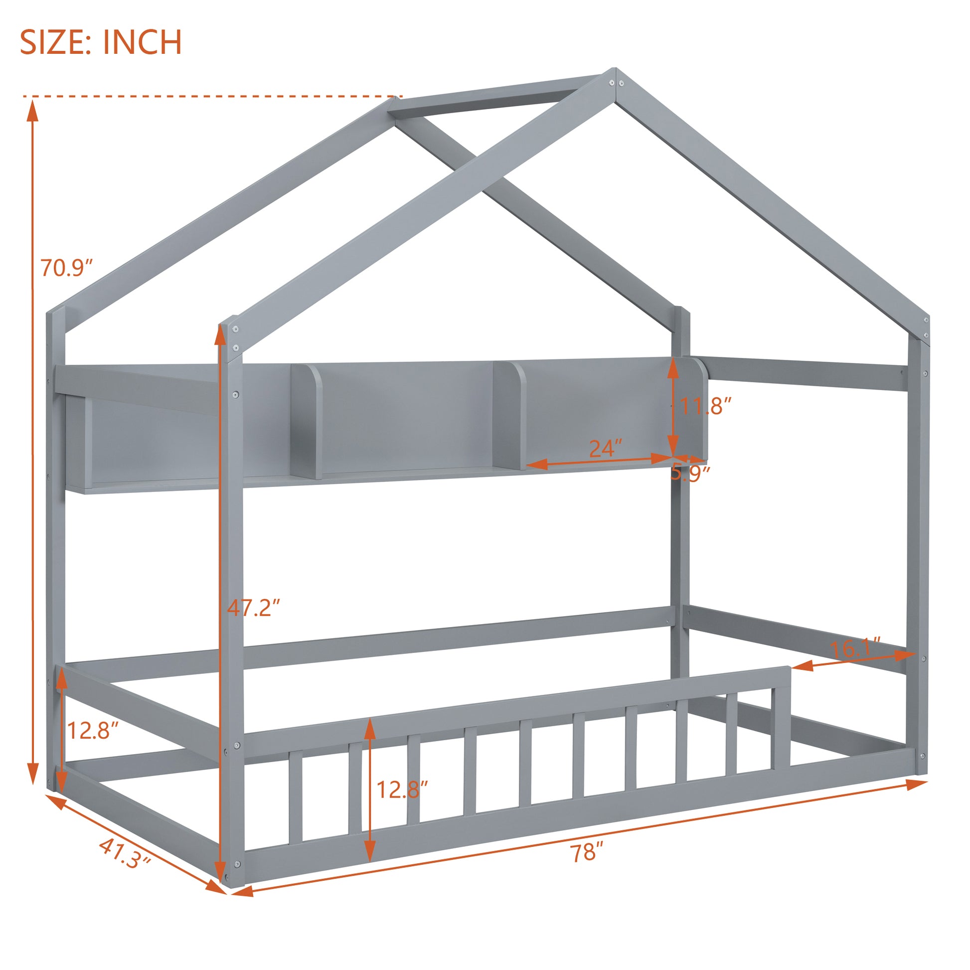 Wooden Twin Size House Bed With Storage Shelf,Kids Bed With Fence And Roof, Gray Twin Gray Wood