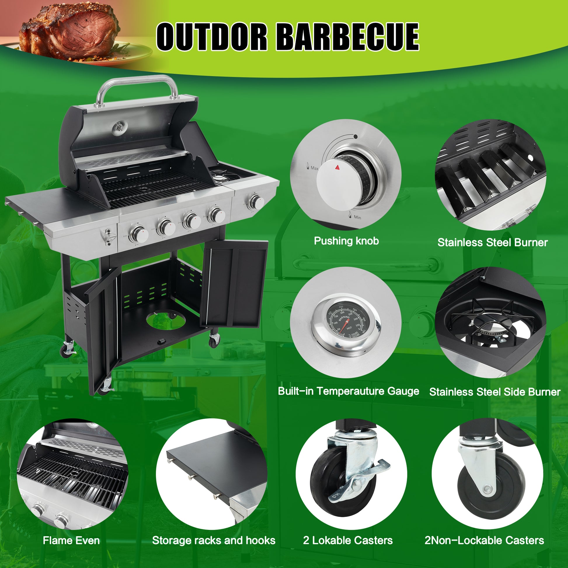 Propane Grill 4 Burner Barbecue Grill Stainless Steel Gas Grill With Side Burner, 46,500 Btu Outdoor Cooking, Patio, Garden Barbecue Grill, Black And Silver Silver Stainless Steel