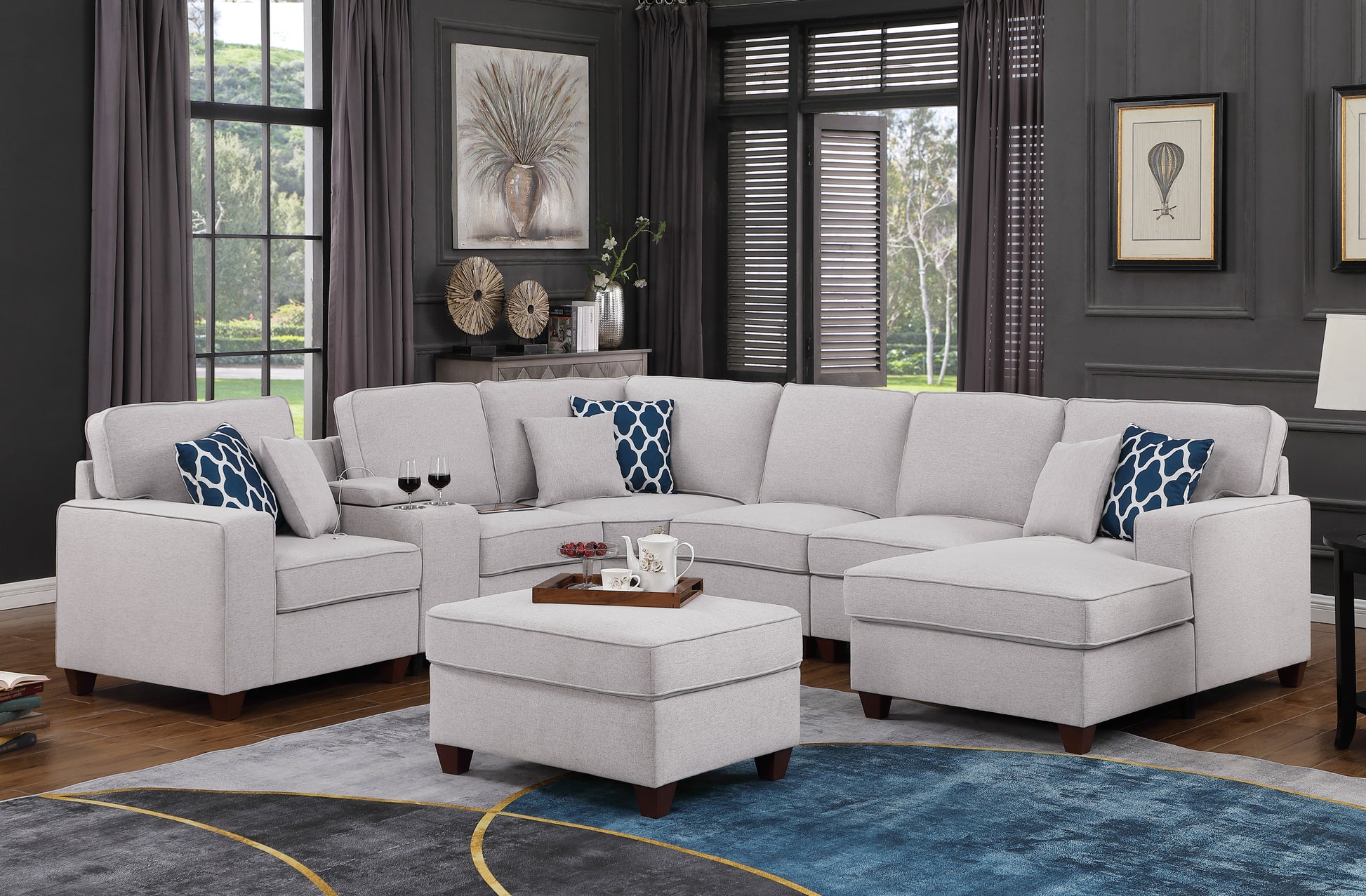 Tina 8 Pieces Upholstered Sectional With Ottoman Light Gray Foam Linen