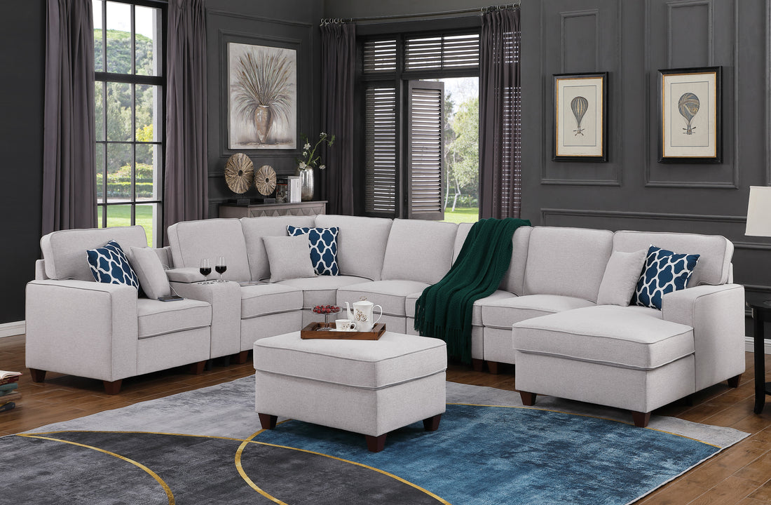 Eric 9 Pieces Upholstered Sectional With Ottoman Light Gray Foam Linen