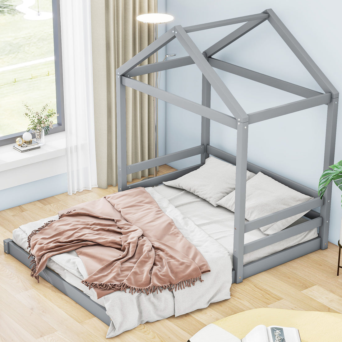 Wood Full Size House Bed With Guardrail, Grey Box Spring Not Required Full Grey Wood Solid Wood Mdf