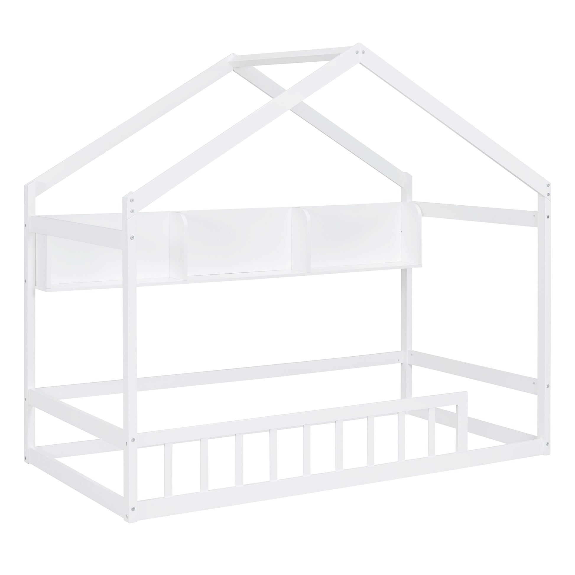 Wooden Twin Size House Bed With Storage Shelf,Kids Bed With Fence And Roof, White Twin White Wood