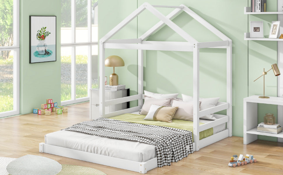 Wood Full Size House Bed With Guardrail, White Box Spring Not Required Full White Wood Solid Wood Mdf