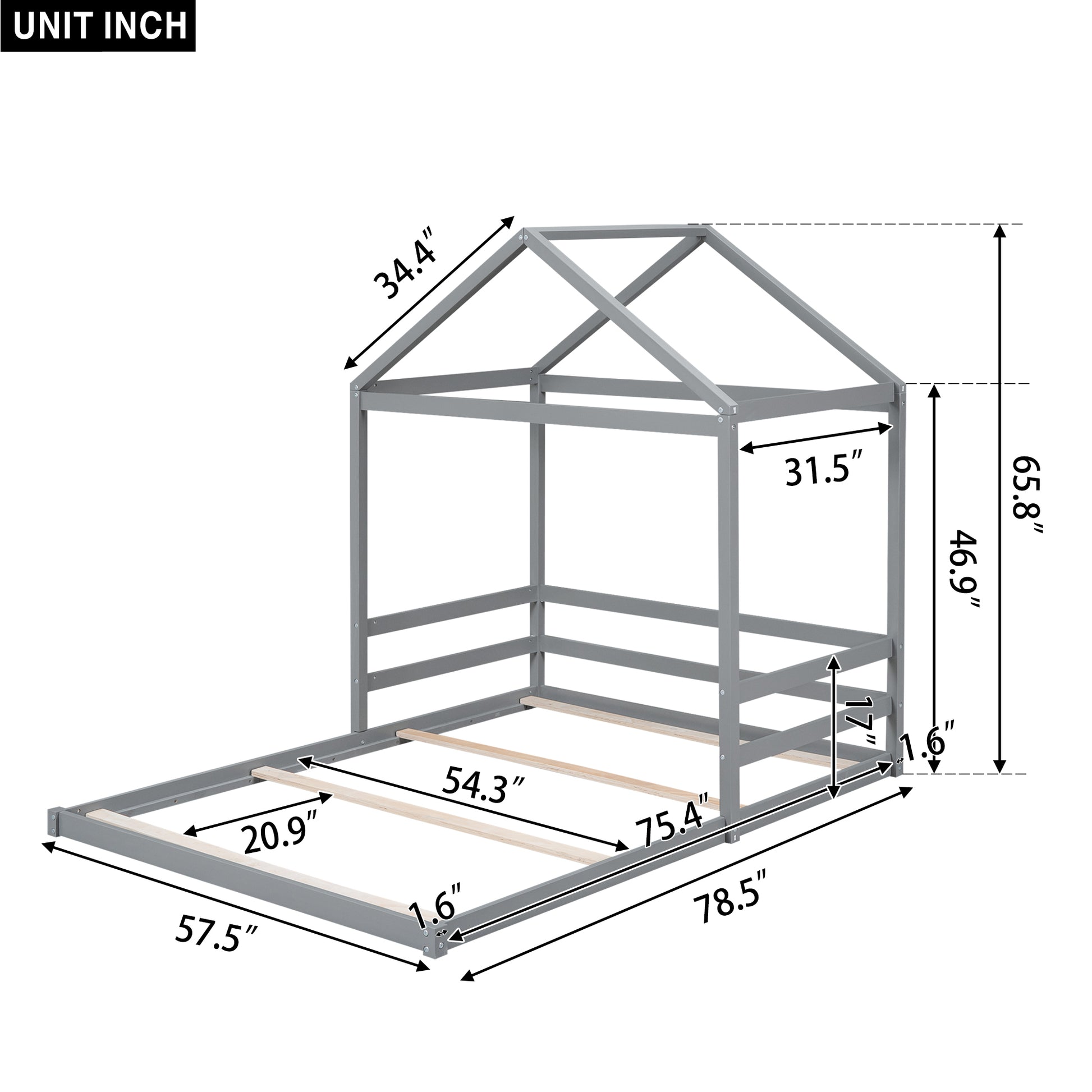 Wood Full Size House Bed With Guardrail, Grey Box Spring Not Required Full Grey Wood Solid Wood Mdf