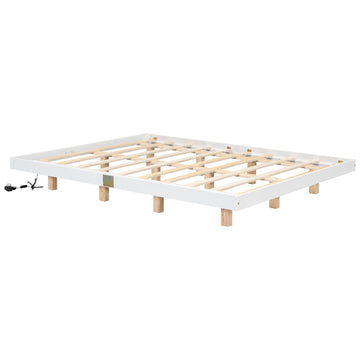 Queen Size Floating Bed With Led Lights Underneath,Modern Queen Size Low Profile Platform Bed With Led Lights,White Queen White Wood Bedroom American Design Pine Bed Frame Pine
