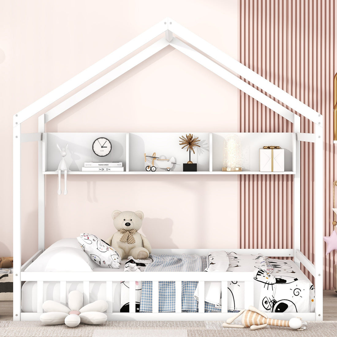 Wooden Full Size House Bed With Storage Shelf,Kids Bed With Fence And Roof, White Full White Wood