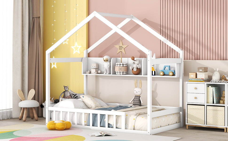 Wooden Twin Size House Bed With Storage Shelf,Kids Bed With Fence And Roof, White Twin White Wood