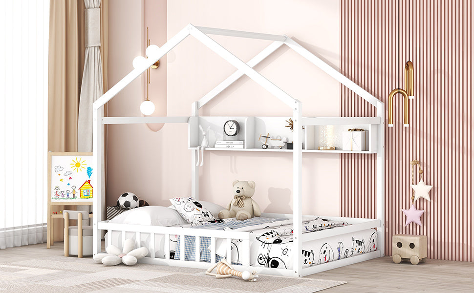 Wooden Full Size House Bed With Storage Shelf,Kids Bed With Fence And Roof, White Full White Wood