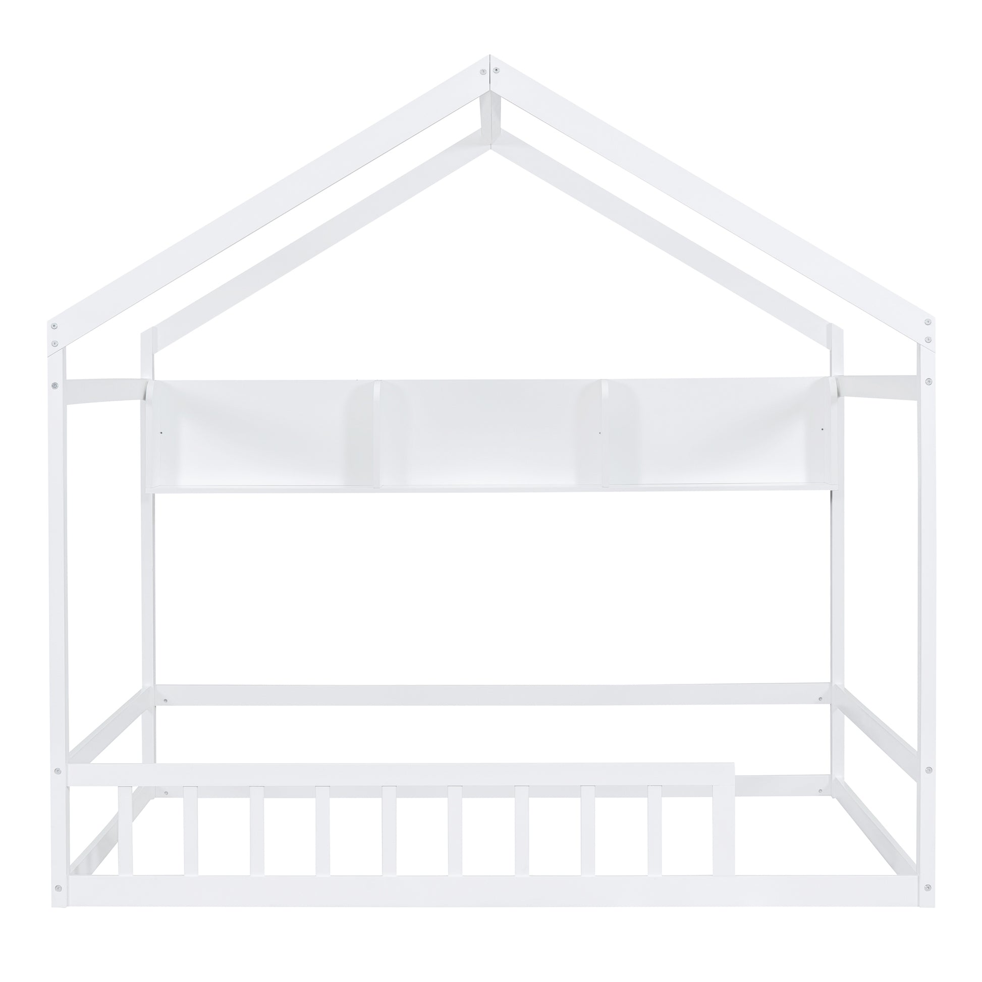 Wooden Full Size House Bed With Storage Shelf,Kids Bed With Fence And Roof, White Full White Wood