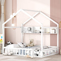 Wooden Full Size House Bed With Storage Shelf,Kids Bed With Fence And Roof, White Full White Wood