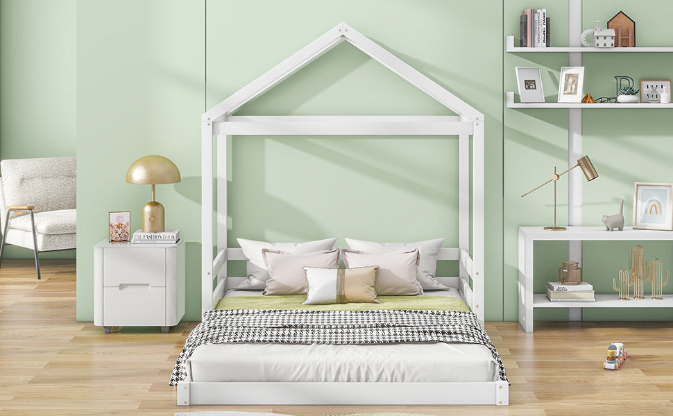 Wood Full Size House Bed With Guardrail, White Box Spring Not Required Full White Wood Solid Wood Mdf