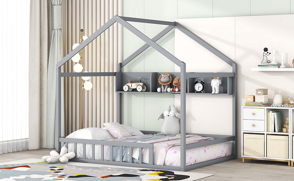 Wooden Full Size House Bed With Storage Shelf,Kids Bed With Fence And Roof, Gray Full Gray Wood