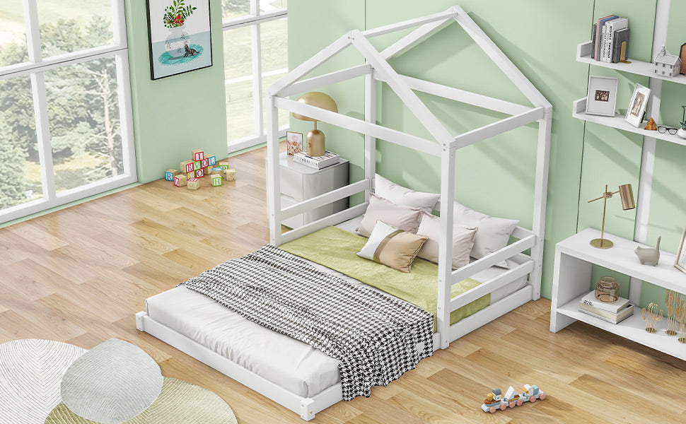 Wood Full Size House Bed With Guardrail, White Box Spring Not Required Full White Wood Solid Wood Mdf