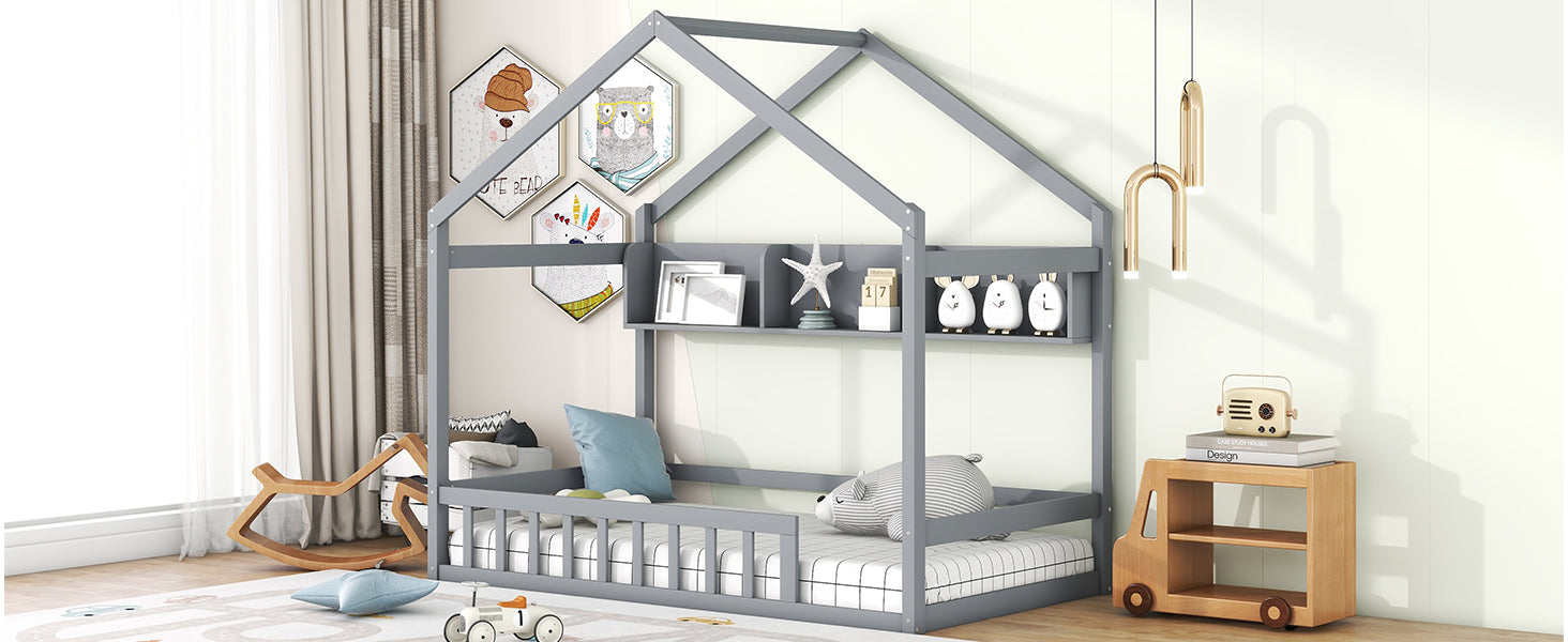 Wooden Twin Size House Bed With Storage Shelf,Kids Bed With Fence And Roof, Gray Twin Gray Wood