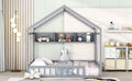 Wooden Full Size House Bed With Storage Shelf,Kids Bed With Fence And Roof, Gray Full Gray Wood