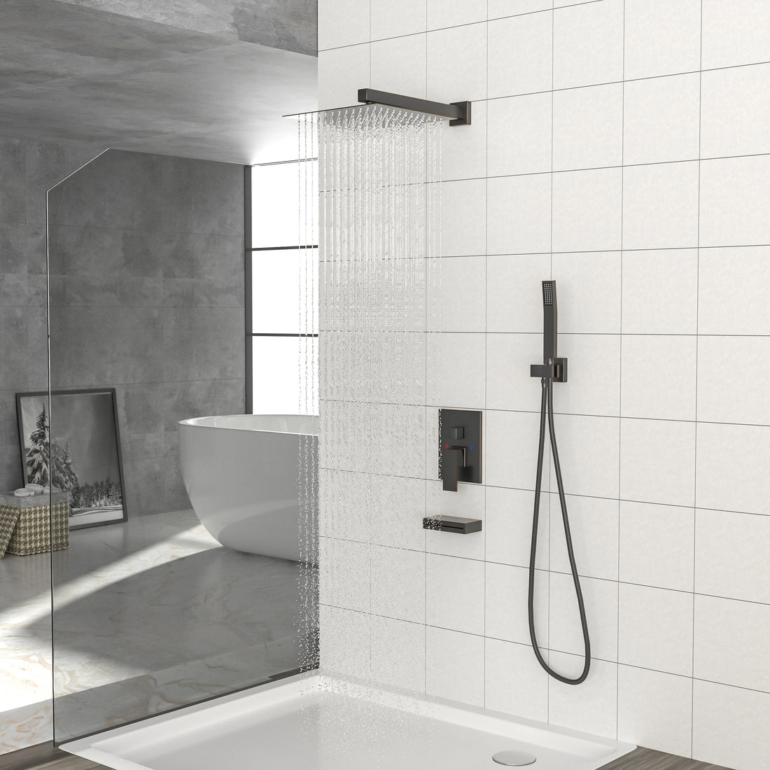 Shower System With Waterfall Tub Spout,12 Inch Wall Mounted Square Shower System With Rough In Valve, Oil Rubber Bronze Oil Rubbed Bronze Stainless Steel