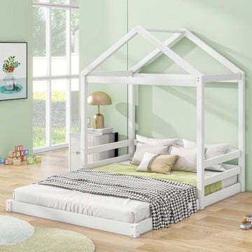 Wood Full Size House Bed With Guardrail, White Box Spring Not Required Full White Wood Solid Wood Mdf