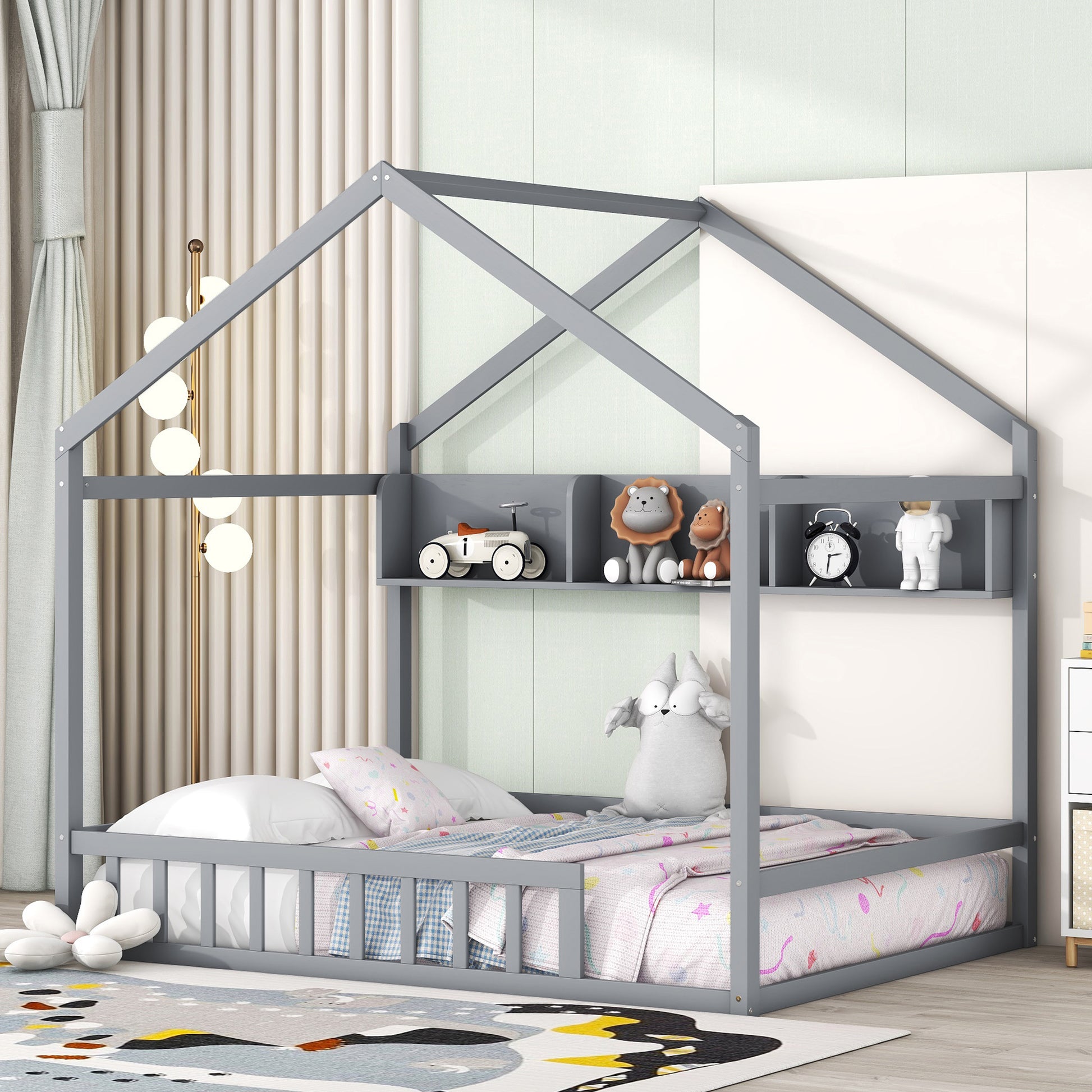 Wooden Full Size House Bed With Storage Shelf,Kids Bed With Fence And Roof, Gray Full Gray Wood