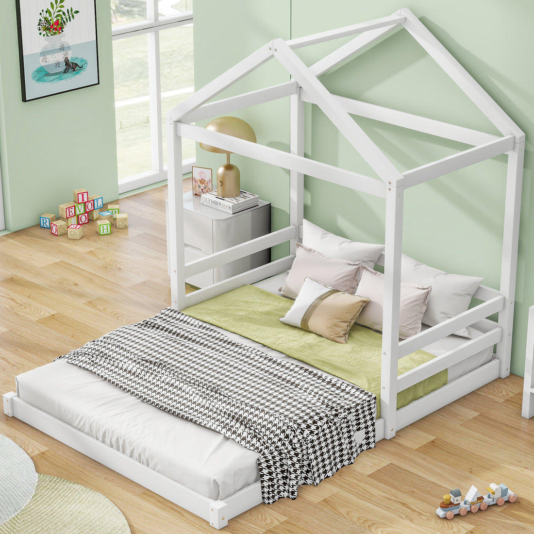 Wood Full Size House Bed With Guardrail, White Box Spring Not Required Full White Wood Solid Wood Mdf