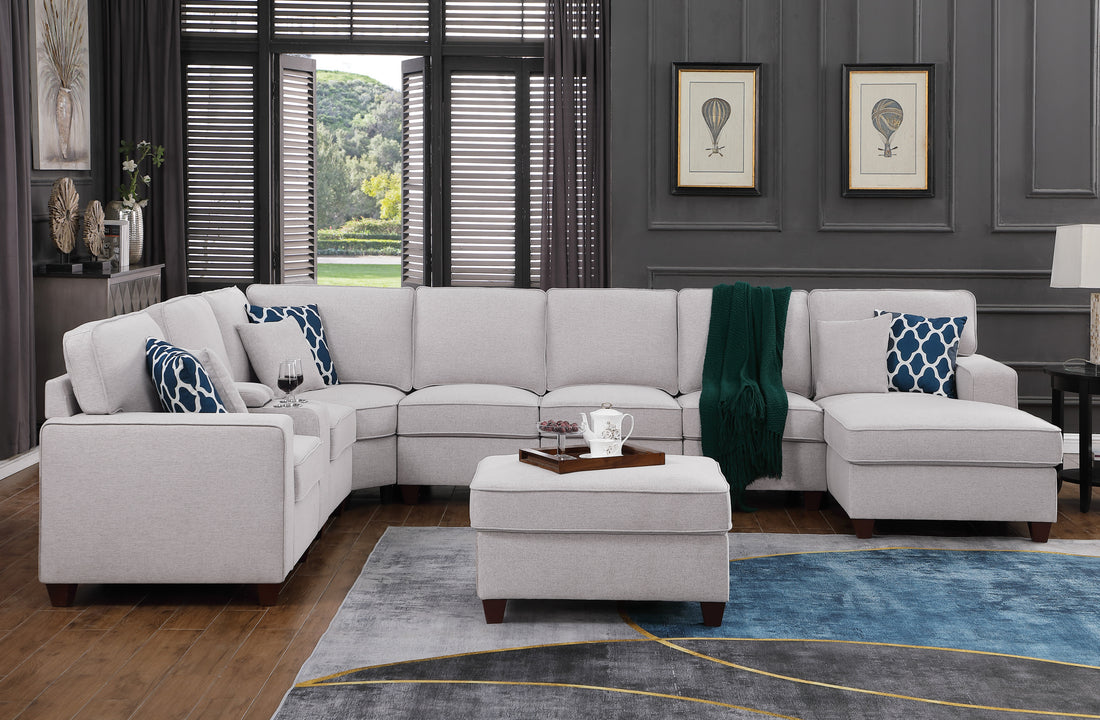 Eric 9 Pieces Upholstered Sectional With Ottoman Light Gray Foam Linen