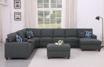 Eric 9 Pieces Upholstered Sectional With Ottoman Dark Gray Foam Linen