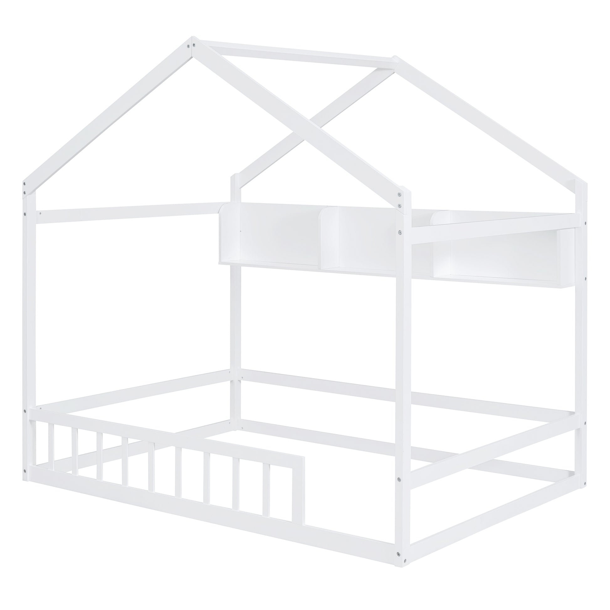 Wooden Full Size House Bed With Storage Shelf,Kids Bed With Fence And Roof, White Full White Wood