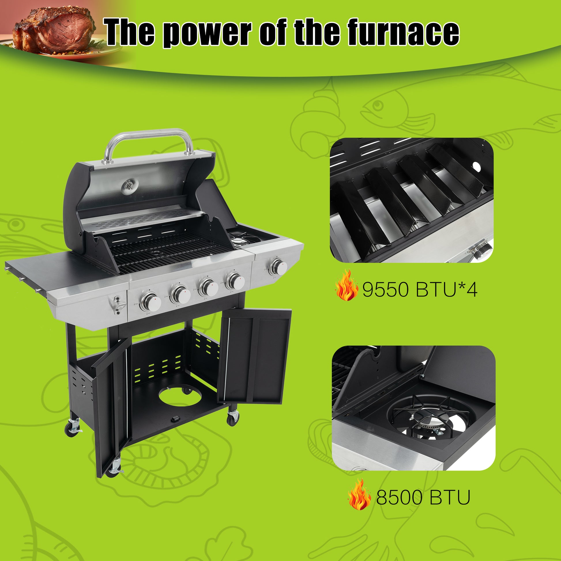 Propane Grill 4 Burner Barbecue Grill Stainless Steel Gas Grill With Side Burner, 46,500 Btu Outdoor Cooking, Patio, Garden Barbecue Grill, Black And Silver Silver Stainless Steel