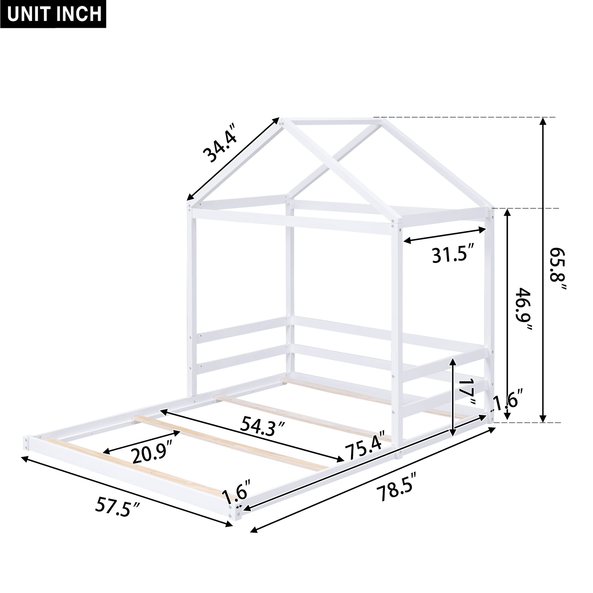 Wood Full Size House Bed With Guardrail, White Box Spring Not Required Full White Wood Solid Wood Mdf