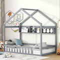 Wooden Twin Size House Bed With Storage Shelf,Kids Bed With Fence And Roof, Gray Twin Gray Wood