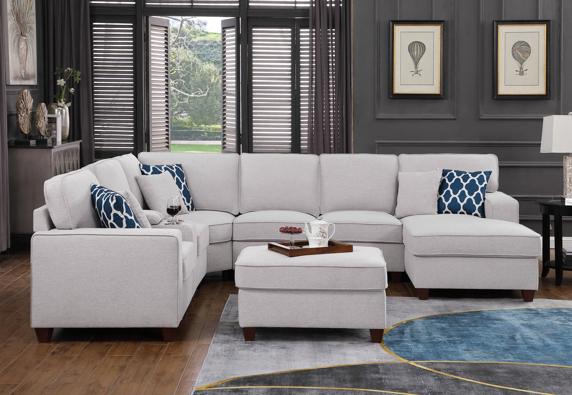 Tina 8 Pieces Upholstered Sectional With Ottoman Light Gray Foam Linen