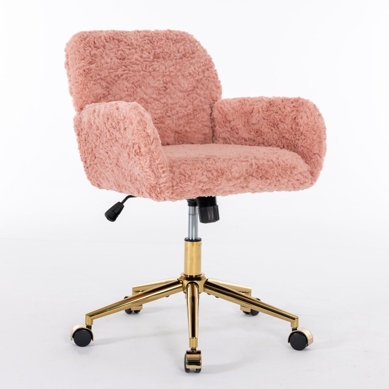 Office Chair,Artificial Rabbit Hair Home Office Chair With Golden Metal Base,Adjustable Desk Chair Swivel Office Chair,Vanity Chair Pink Pink Study Foam Upholstered