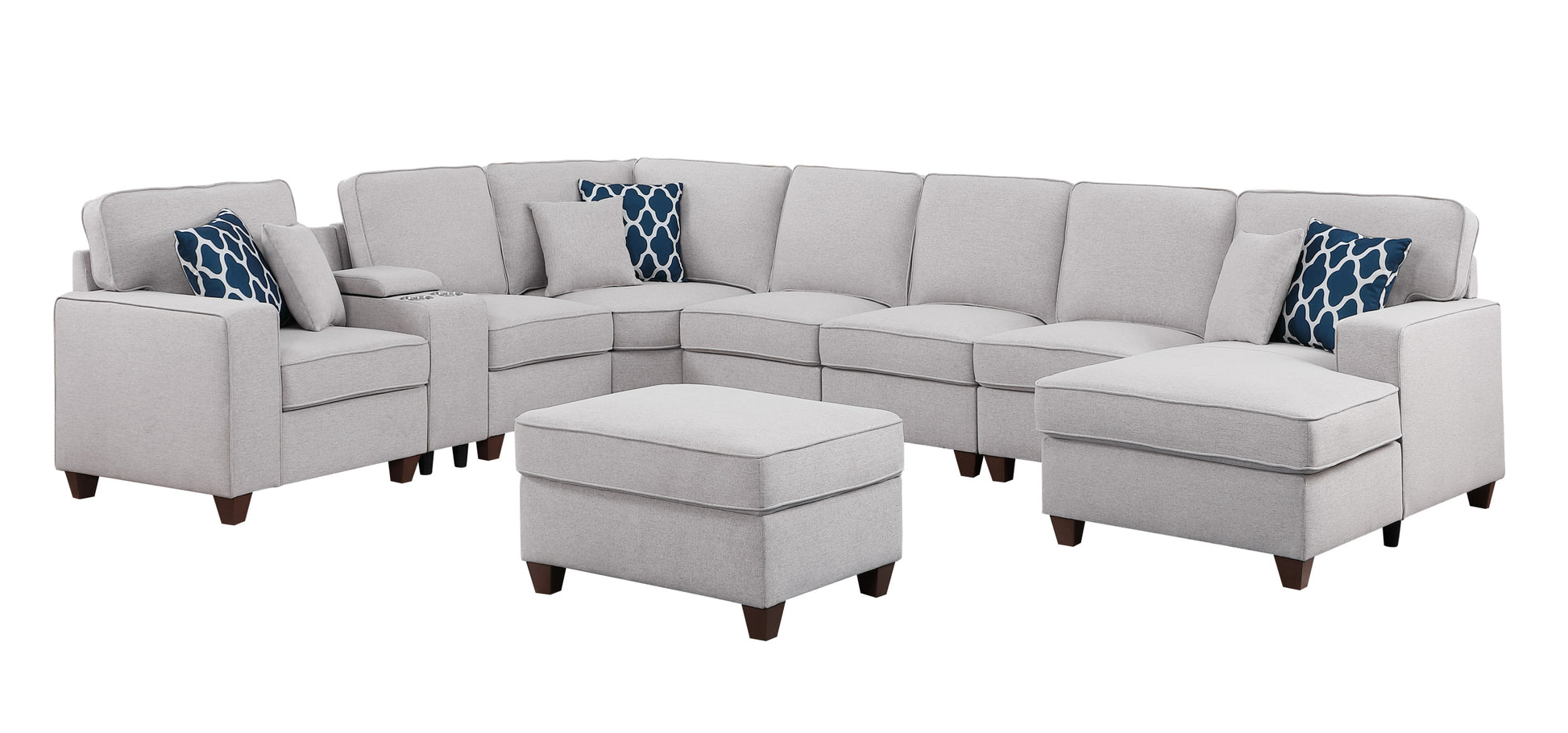 Eric 9 Pieces Upholstered Sectional With Ottoman Light Gray Foam Linen