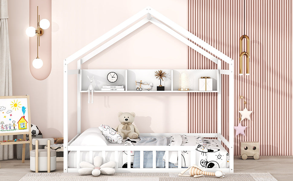 Wooden Full Size House Bed With Storage Shelf,Kids Bed With Fence And Roof, White Full White Wood