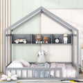 Wooden Full Size House Bed With Storage Shelf,Kids Bed With Fence And Roof, Gray Full Gray Wood