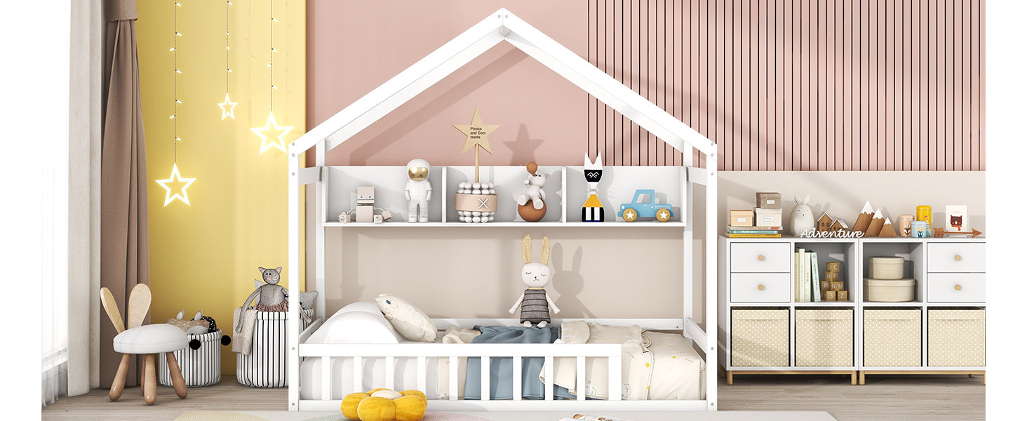 Wooden Twin Size House Bed With Storage Shelf,Kids Bed With Fence And Roof, White Twin White Wood