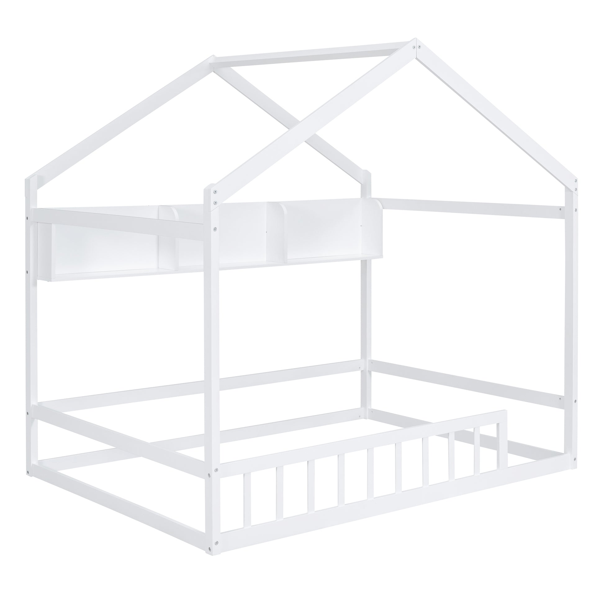 Wooden Full Size House Bed With Storage Shelf,Kids Bed With Fence And Roof, White Full White Wood