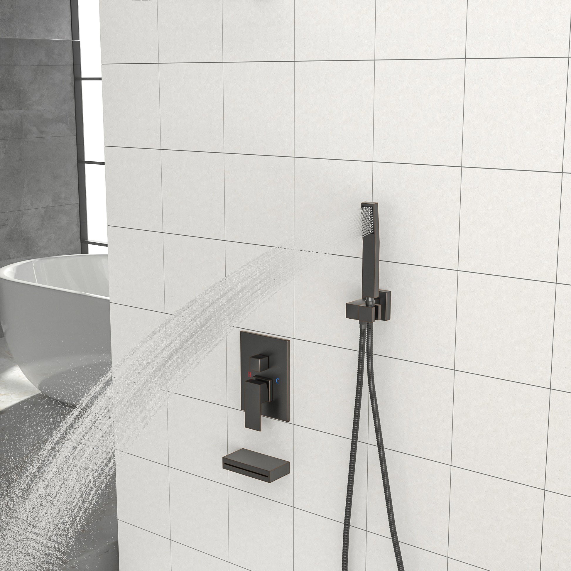 Shower System With Waterfall Tub Spout,12 Inch Ceiling Mount Square Shower System With Rough In Valve,Oil Rubber Bronze Oil Rubbed Bronze Stainless Steel