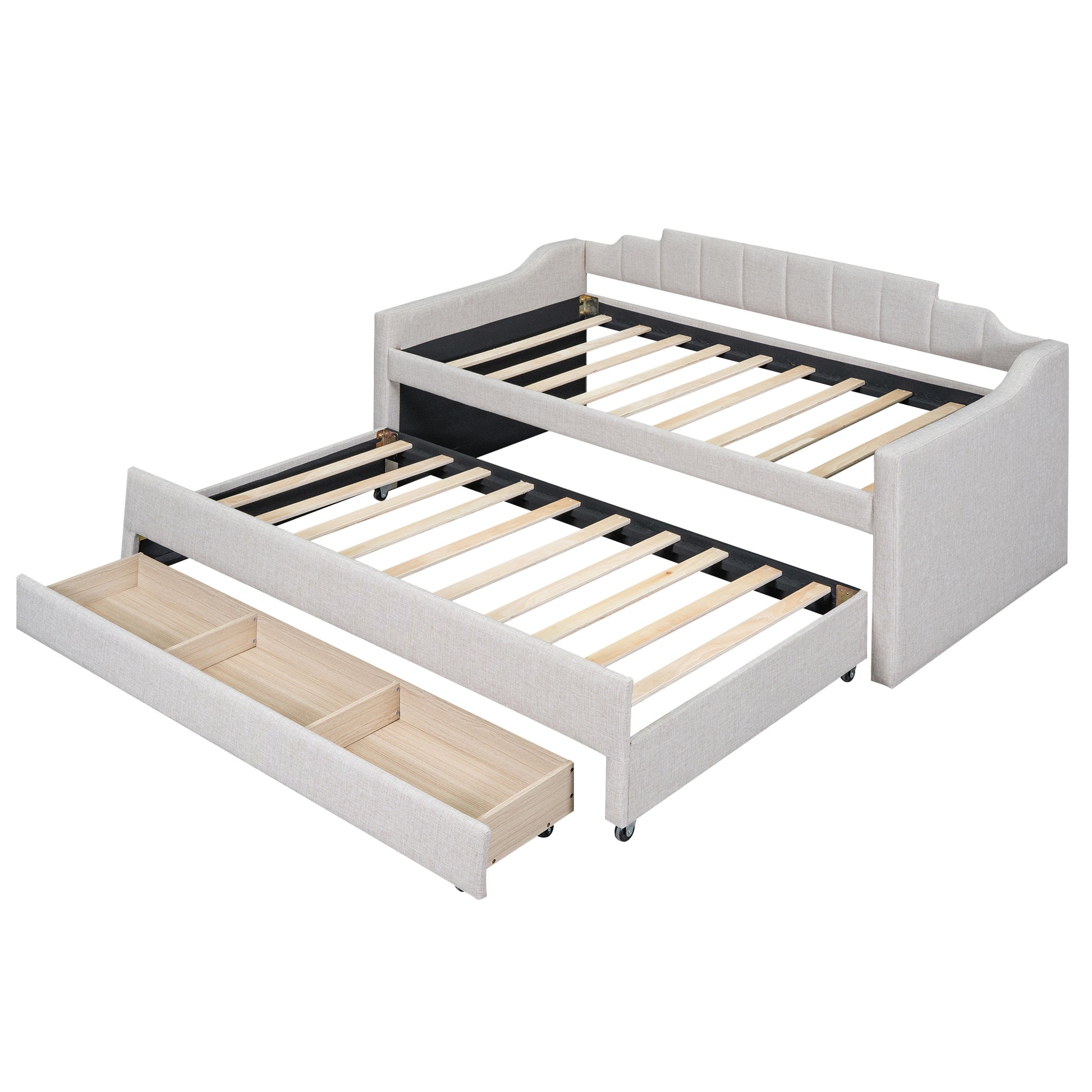 Twin Size Upholstered Daybed With Trundle And Three Drawers,Beige Box Spring Not Required Twin Beige Wood Bedroom Linen Linen