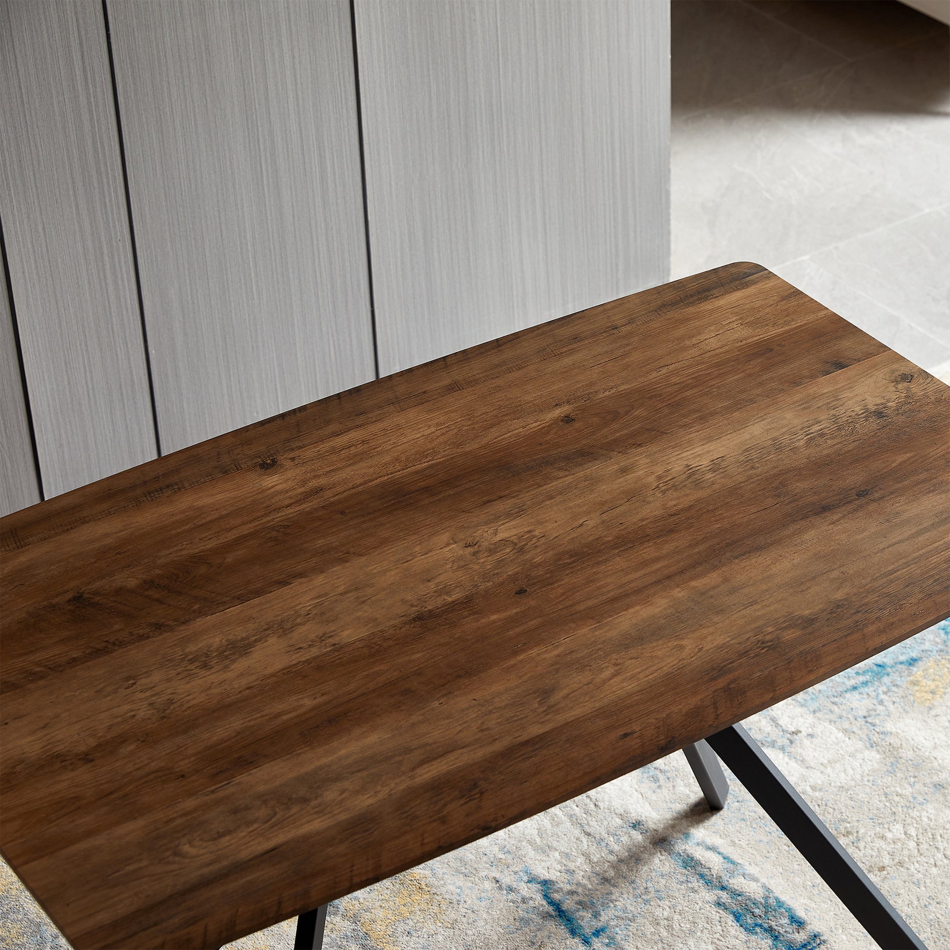 Modern Minimalist Style Dining Table Mdf Wooden Top Black Metal Shelf Metal Heat Transfer Legs Leveling Feet For Dining Room Kitchen Office Table Walnut Black Mdf
