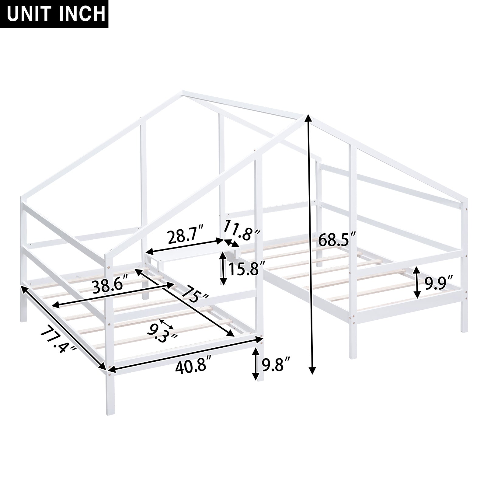 Double Twin Size Triangular House Beds With Built In Table,White Old Sku:Wf286895Aak Box Spring Not Required Twin White Wood Bedroom Bed Frame Pine