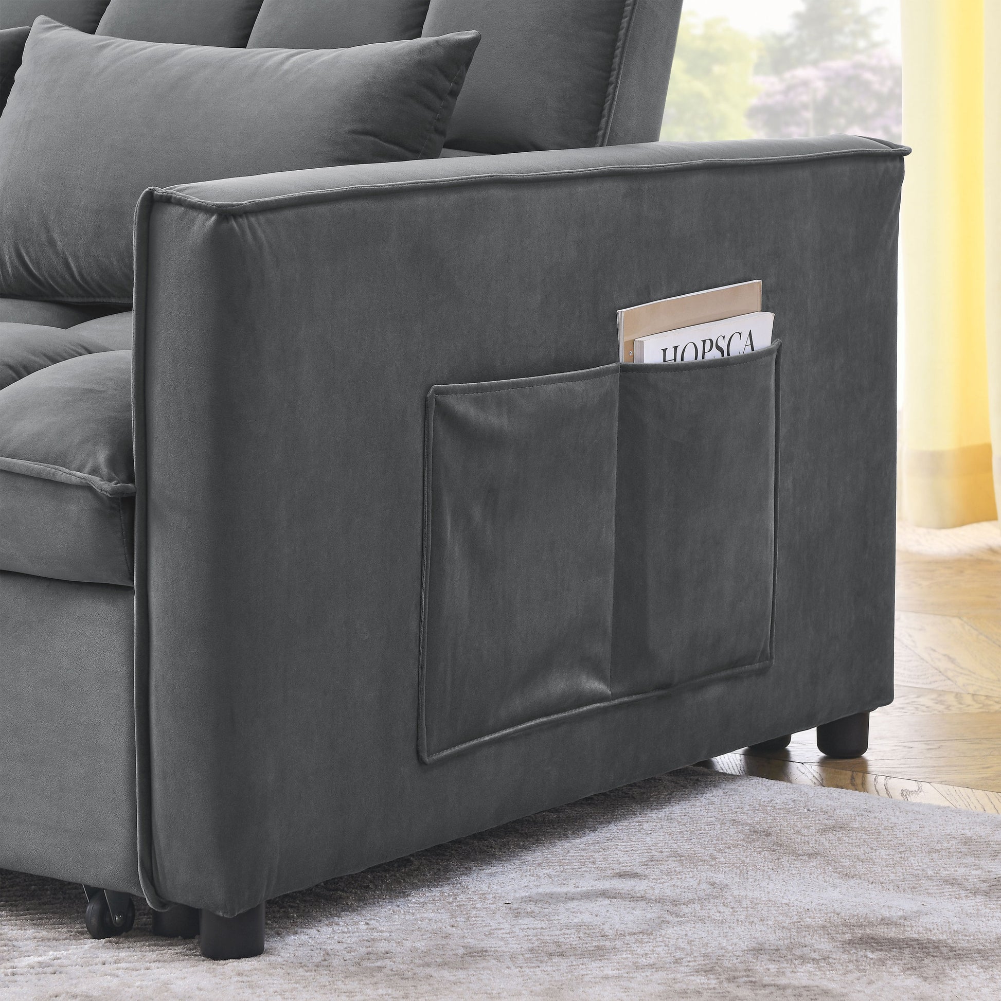 Sleeper Sofa, Convertible Sofa, Recliner, Bed, 3 In 1, 3 Position Adjustable Backrest, 2 Seater Sectional, Two Side Pockets, 2 Pillows For Living Room, Apartment, Etc., Velvet Beige 54" Wide. Grey Foam Velvet