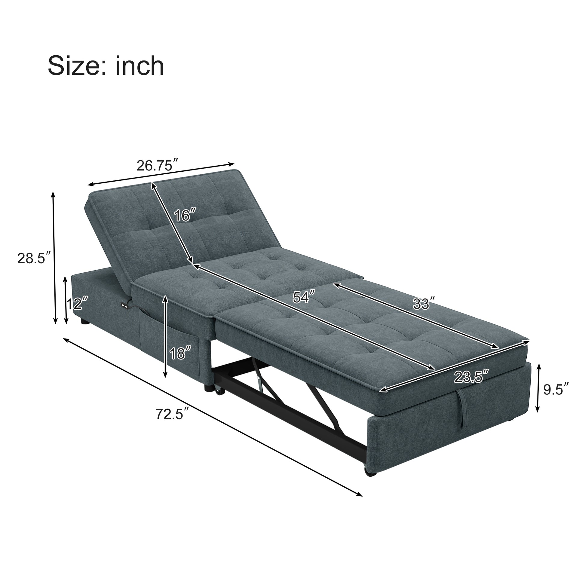 4 In 1 Sofa Bed, Chair Bed, Multi Function Folding Ottoman Bed With Storage Pocket And Usb Port For Small Room Apartment,Living Room,Bedroom,Hallway, Deep Blue Dark Blue Primary Living Space Linen