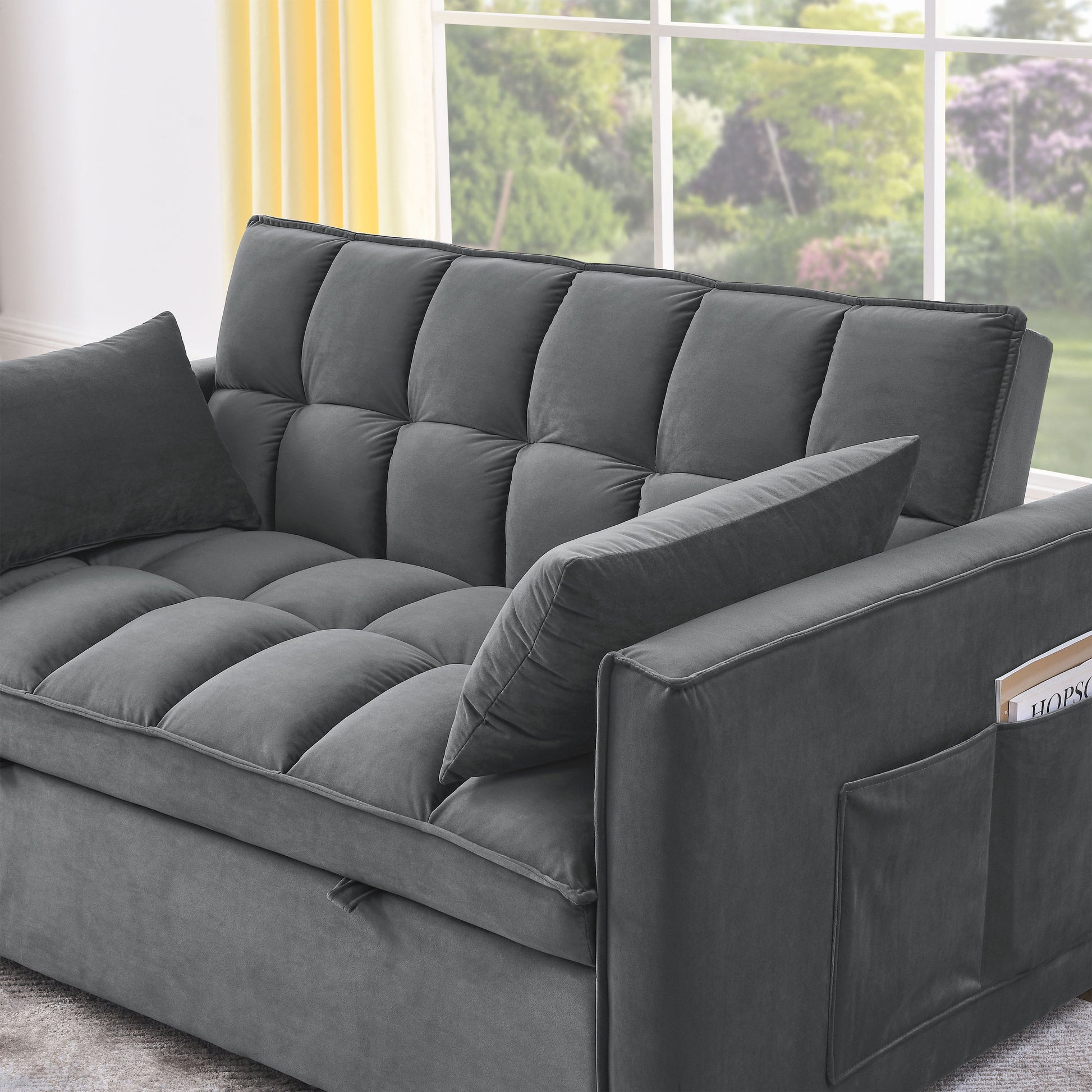 Sleeper Sofa, Convertible Sofa, Recliner, Bed, 3 In 1, 3 Position Adjustable Backrest, 2 Seater Sectional, Two Side Pockets, 2 Pillows For Living Room, Apartment, Etc., Velvet Beige 54" Wide. Grey Foam Velvet 2 Seat