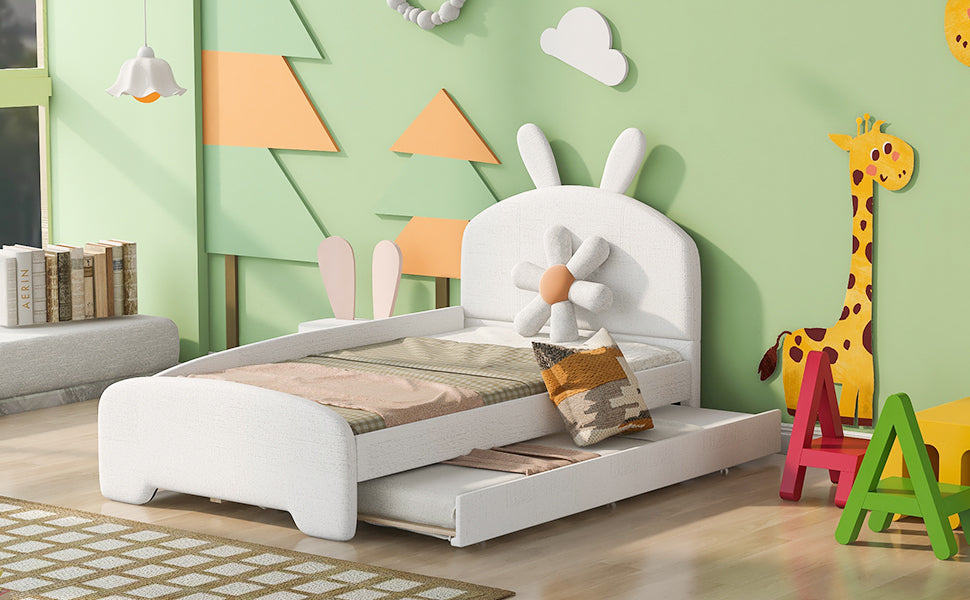 Twin Size Upholstered Platform Bed With Cartoon Ears Shaped Headboard And Trundle, White Box Spring Not Required Twin White Wood Bedroom Chenille Upholstered